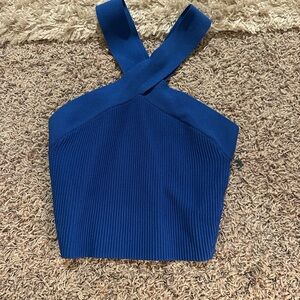Babaton Royal Blue Cross-Back Ribbed Crop Top